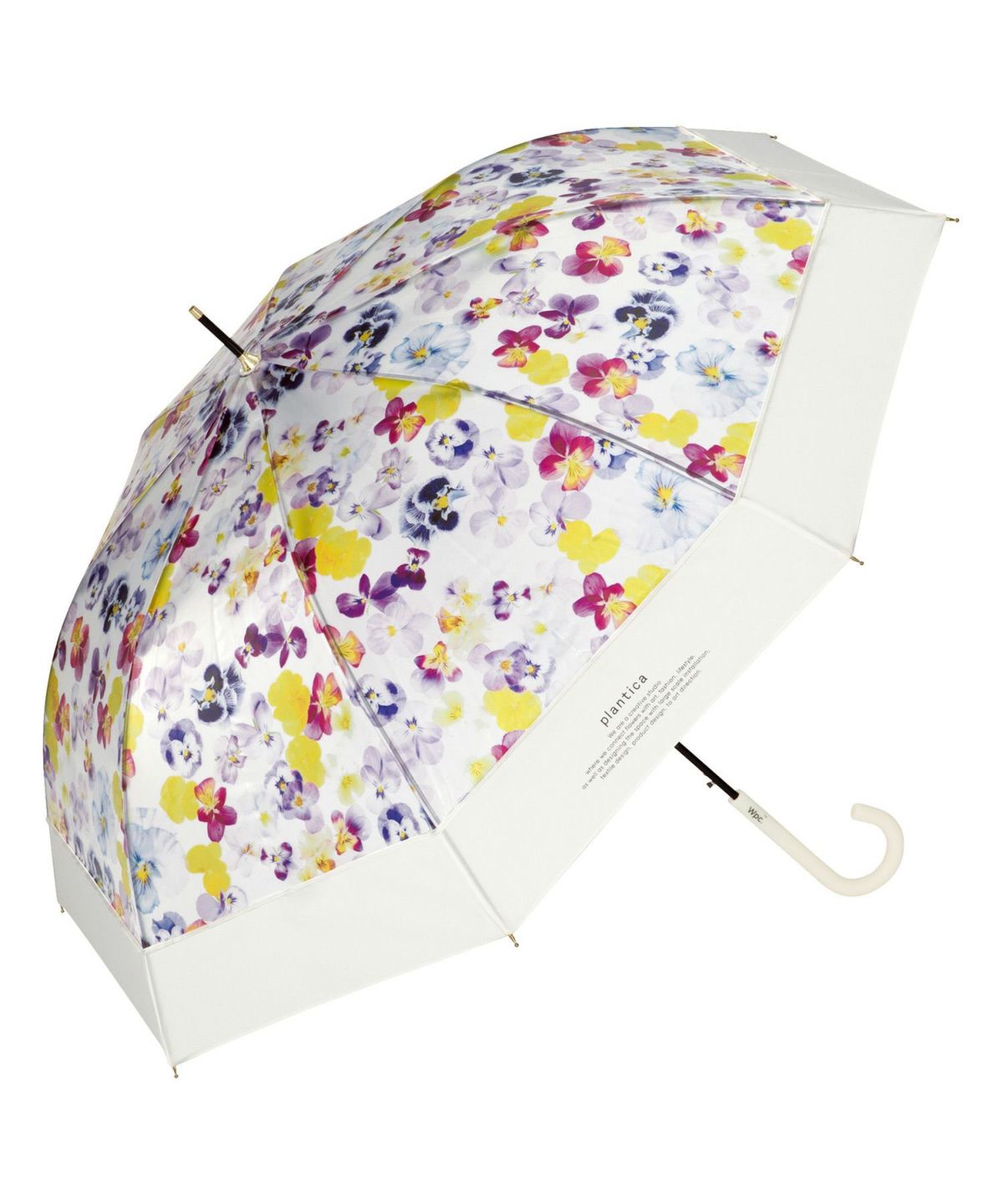 limited edition Wpc x Plantica Joyful Floral umbrella in the Purple pansy pattern, featuring the plantica logo