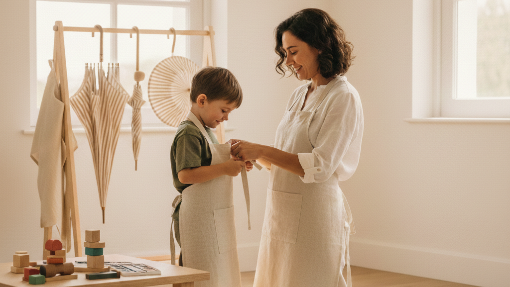 Woman helping a child with an apron in a bright room with wooden furniture and decorative items.