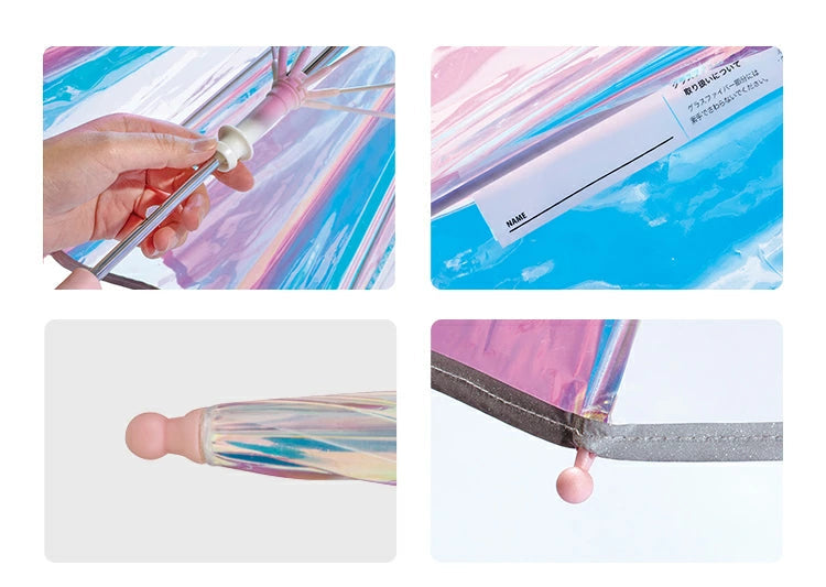 Collage of images showing a transparent umbrella with colorful patterns, being held, and opened. It's design with safe round tip and has name tag for school