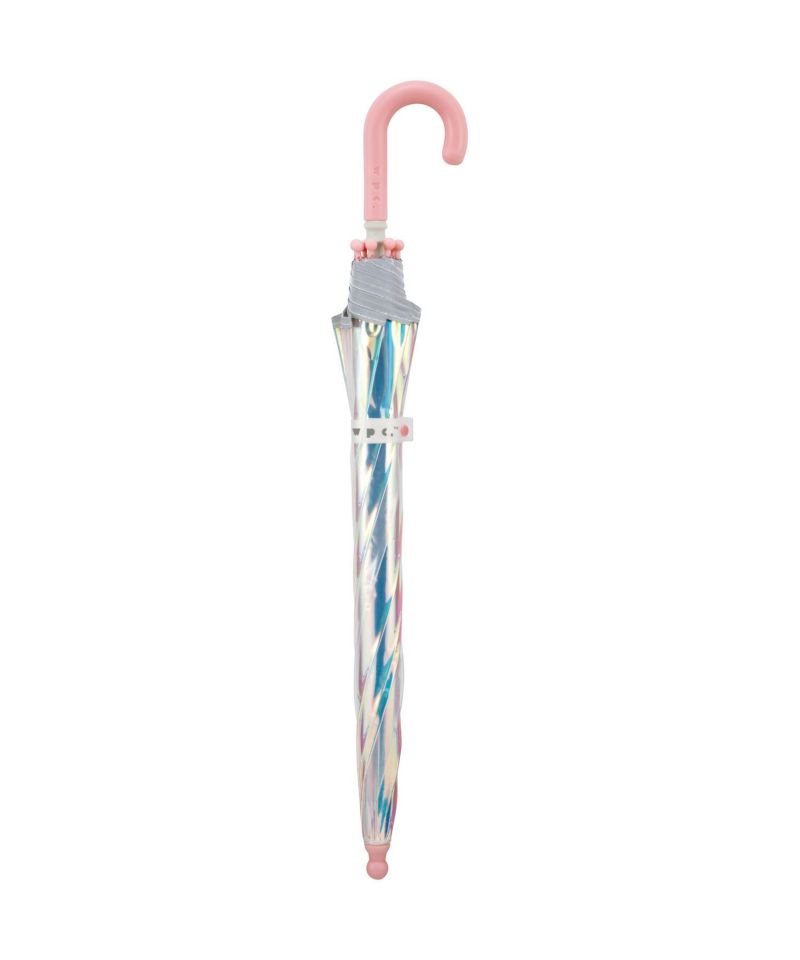 Cute and colourful transparent umbrella with a pink handle and rounded tip on a white background